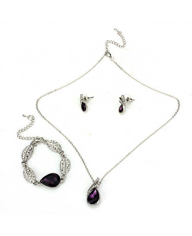 Teardrop Crystal Necklace Earrings Bracelet Jewelry Set Purple 3pcs