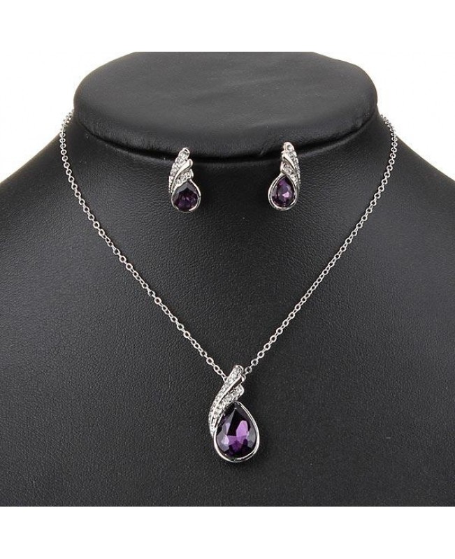 Teardrop Crystal Necklace Earrings Bracelet Jewelry Set Purple 3pcs