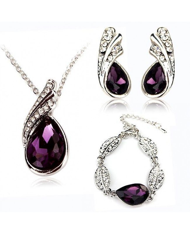 Teardrop Crystal Necklace Earrings Bracelet Jewelry Set Purple 3pcs