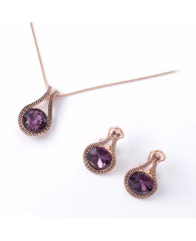 Rose Gold Carved Amethyst Necklace Earrings Jewelry Set
