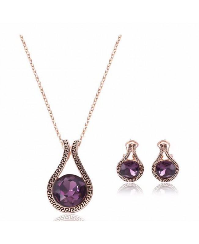 Rose Gold Carved Amethyst Necklace Earrings Jewelry Set