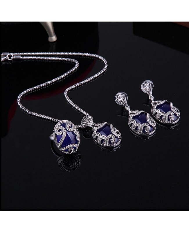 Turkey Series Sapphire Necklace Crystal Ring Earrings Gift Jewelry Set