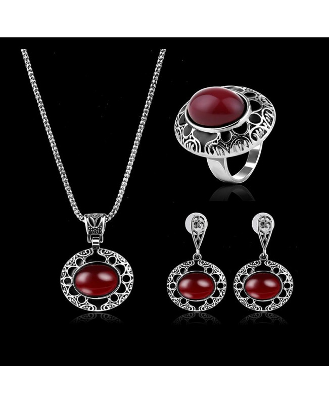 Turkey Series Red Rubellite Necklace Ring Retro Earrings Birthday Gift Jewelry Set