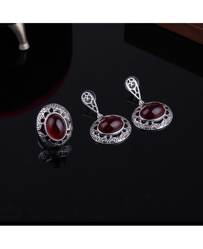 Turkey Series Red Rubellite Necklace Ring Retro Earrings Birthday Gift Jewelry Set
