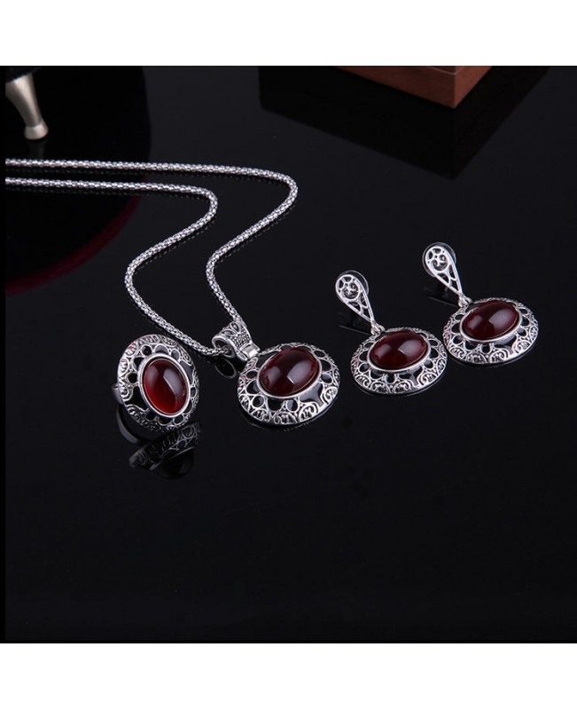 Turkey Series Red Rubellite Necklace Ring Retro Earrings Birthday Gift Jewelry Set