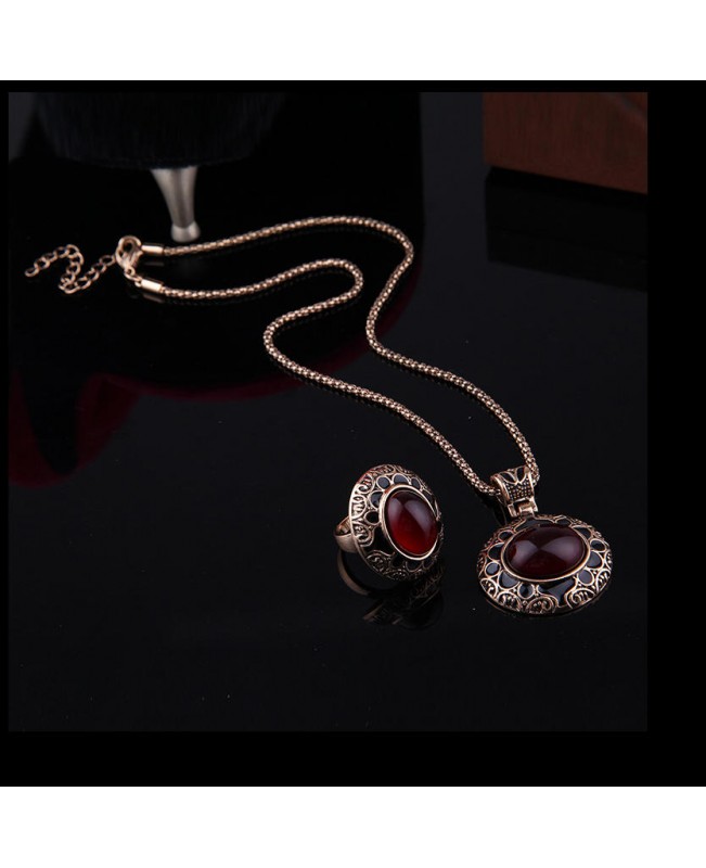 Turkey Series Red Rubellite Necklace Ring Retro Earrings Birthday Gift Jewelry Set