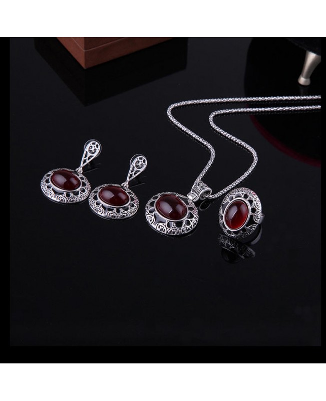 Turkey Series Red Rubellite Necklace Ring Retro Earrings Birthday Gift Jewelry Set