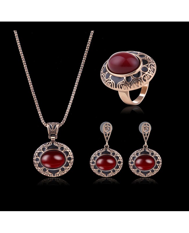 Turkey Series Red Rubellite Necklace Ring Retro Earrings Birthday Gift Jewelry Set