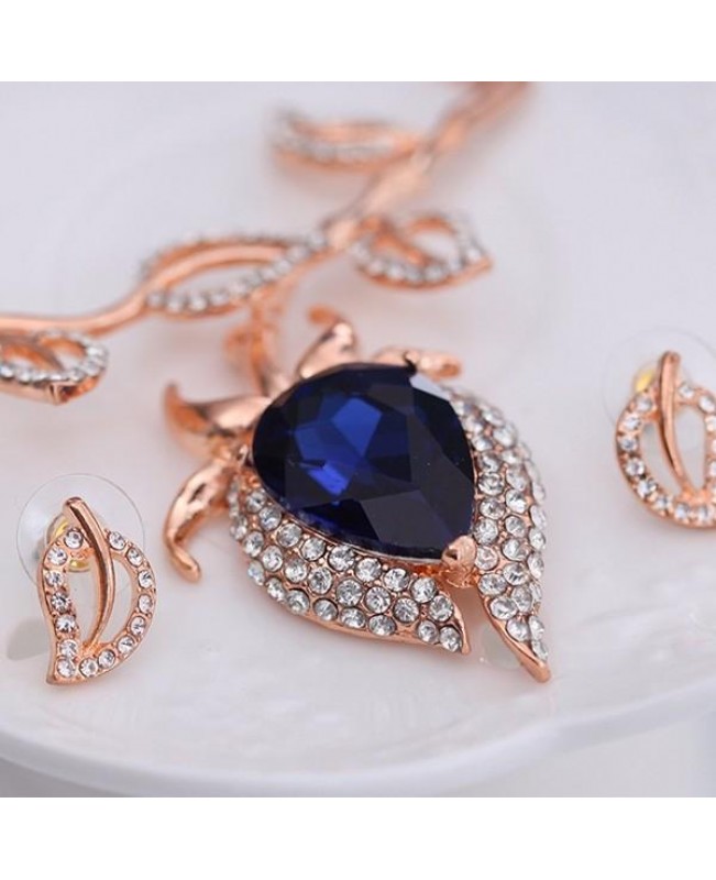 Sapphires Jewelry Set Alloy Leave Rhinestone Earrings Necklaces