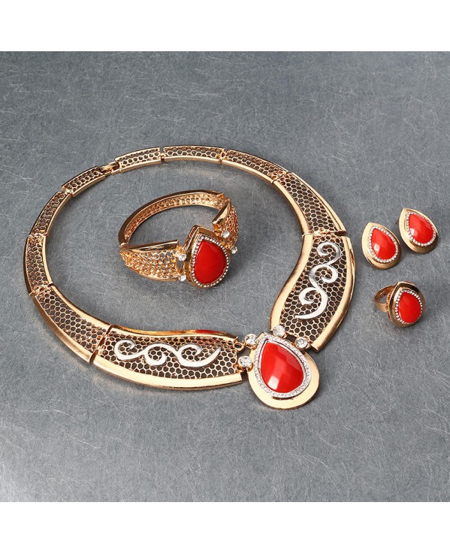 Water Drop Gold Plated Resin Necklace Earrings Ring Bracelet Jewelry Set for Women