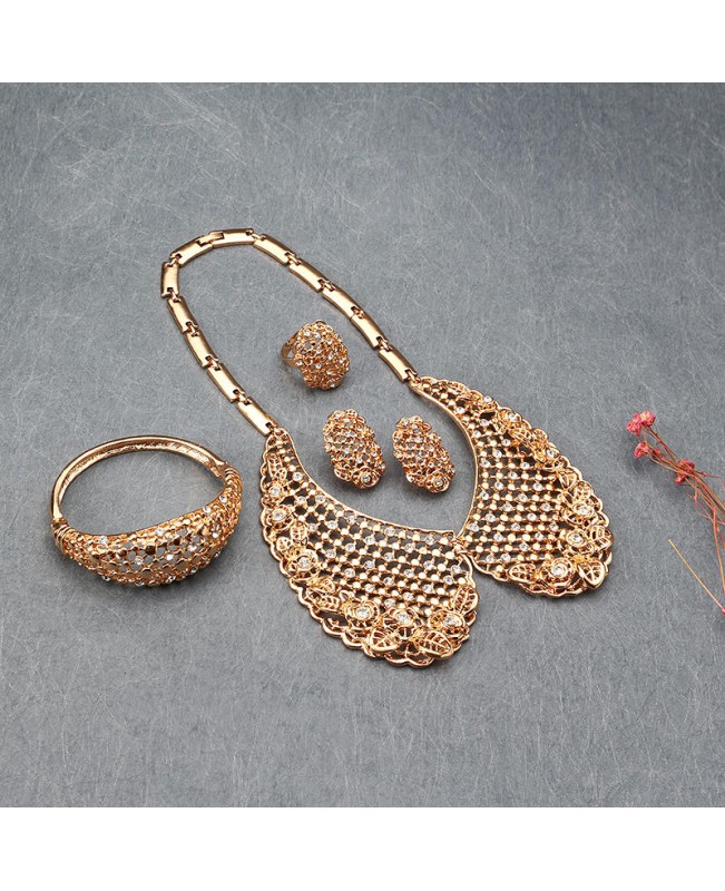 Leaf Hollow Out Collar Shape Necklace Earrings Ring Bracelet Jewelry Set