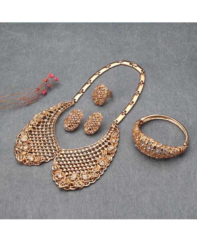 Leaf Hollow Out Collar Shape Necklace Earrings Ring Bracelet Jewelry Set