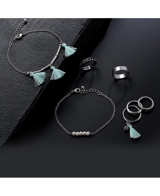 7 Pcs of Silver Plated Tassels Artificial Pearls Rings Bracelets Jewelry Set