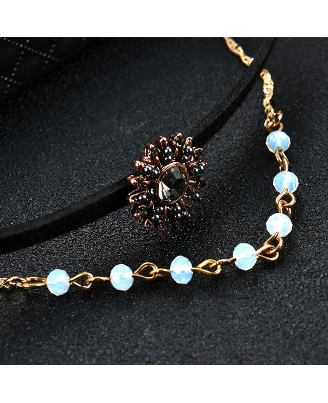 Punk Women Jewelry Set Double Layer Gold Chain Choker Piercing Black Rhinestone Sun Shape Earrings