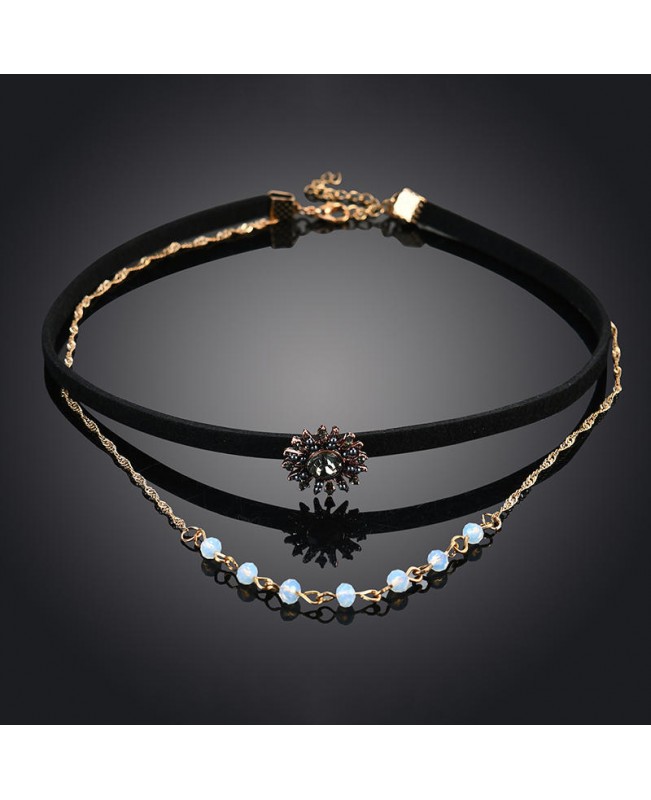 Punk Women Jewelry Set Double Layer Gold Chain Choker Piercing Black Rhinestone Sun Shape Earrings