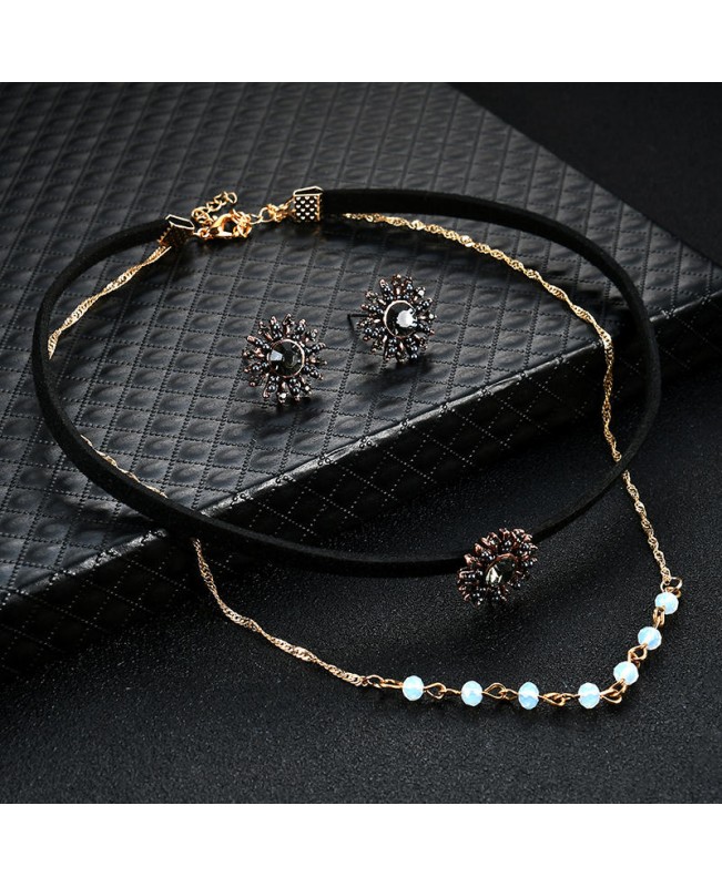 Punk Women Jewelry Set Double Layer Gold Chain Choker Piercing Black Rhinestone Sun Shape Earrings