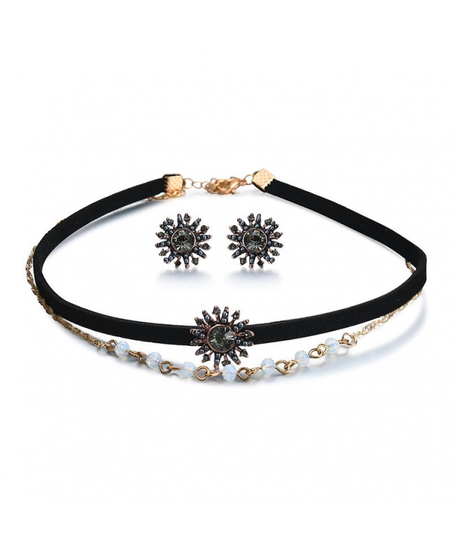 Punk Women Jewelry Set Double Layer Gold Chain Choker Piercing Black Rhinestone Sun Shape Earrings