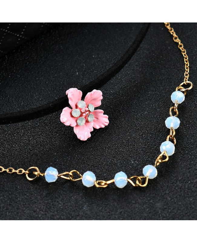 Sweet Pink Flower Charm Earrings Double Layer Gold Chain Black Choker Necklace Women Jewelry Set