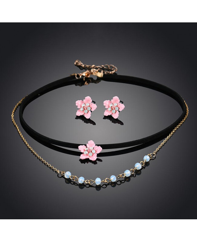 Sweet Pink Flower Charm Earrings Double Layer Gold Chain Black Choker Necklace Women Jewelry Set