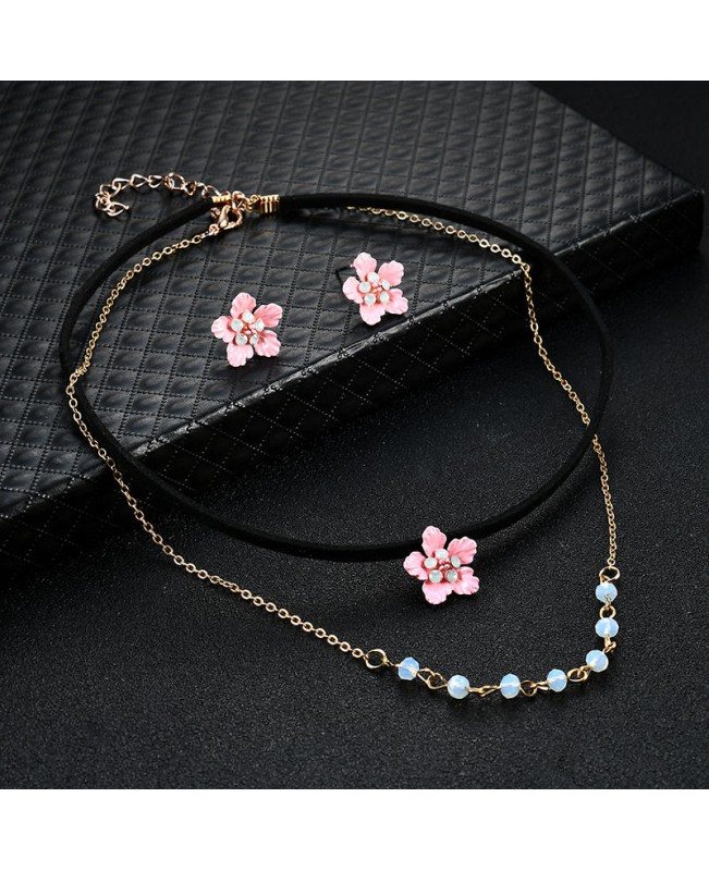 Sweet Pink Flower Charm Earrings Double Layer Gold Chain Black Choker Necklace Women Jewelry Set