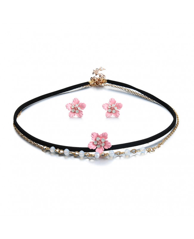 Sweet Pink Flower Charm Earrings Double Layer Gold Chain Black Choker Necklace Women Jewelry Set