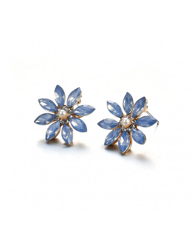Elegant Gift for Women Blue Rhinestone Pearl Flower Double Layer Choker Necklace Snowflake Earrings
