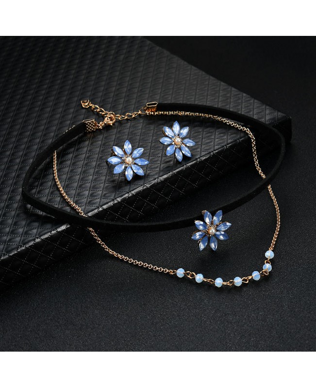 Elegant Gift for Women Blue Rhinestone Pearl Flower Double Layer Choker Necklace Snowflake Earrings