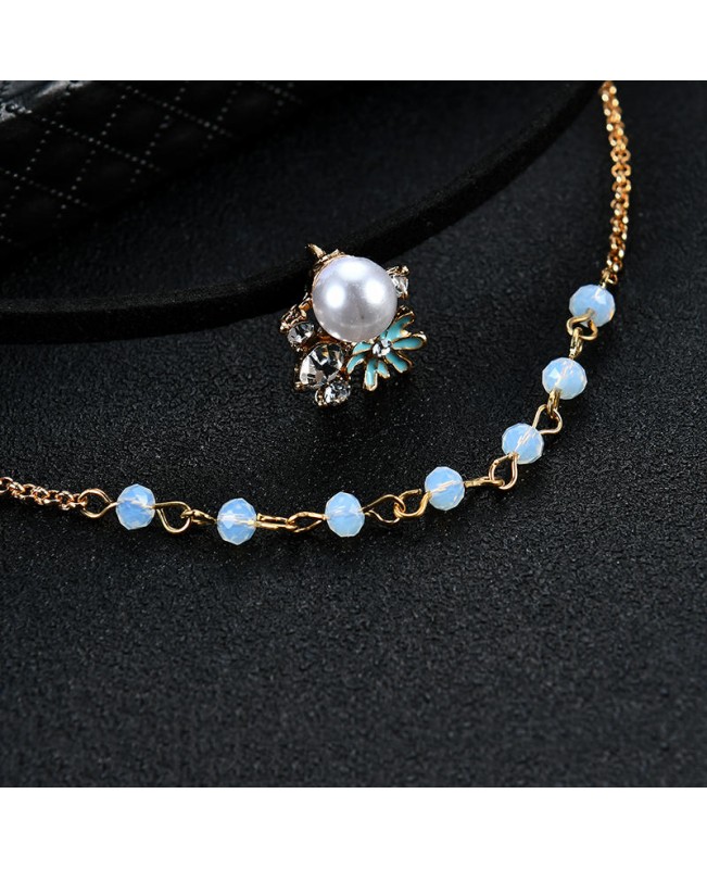 Elegant Pearl Flower Sparkling Rhinestone Double Layer Gold Chain Black Choker Earrings for Women