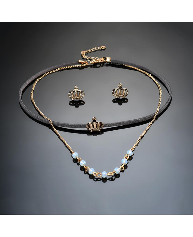 Punk Gold Crown Charm Double Layer Black Choker Fashion Crown Piercing Earrings for Women