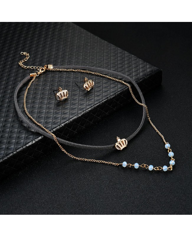 Punk Gold Crown Charm Double Layer Black Choker Fashion Crown Piercing Earrings for Women