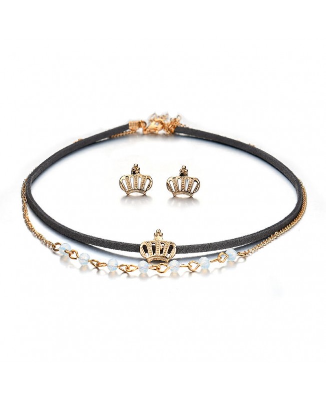 Punk Gold Crown Charm Double Layer Black Choker Fashion Crown Piercing Earrings for Women