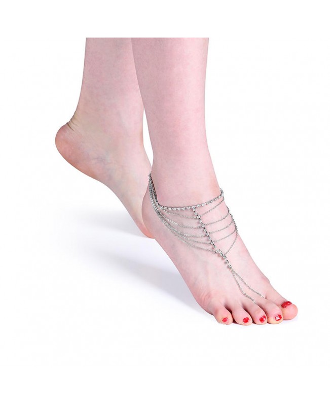 Women's Simple Silver Plated Anklet Barefoot Tassel Rhinestone Anklet