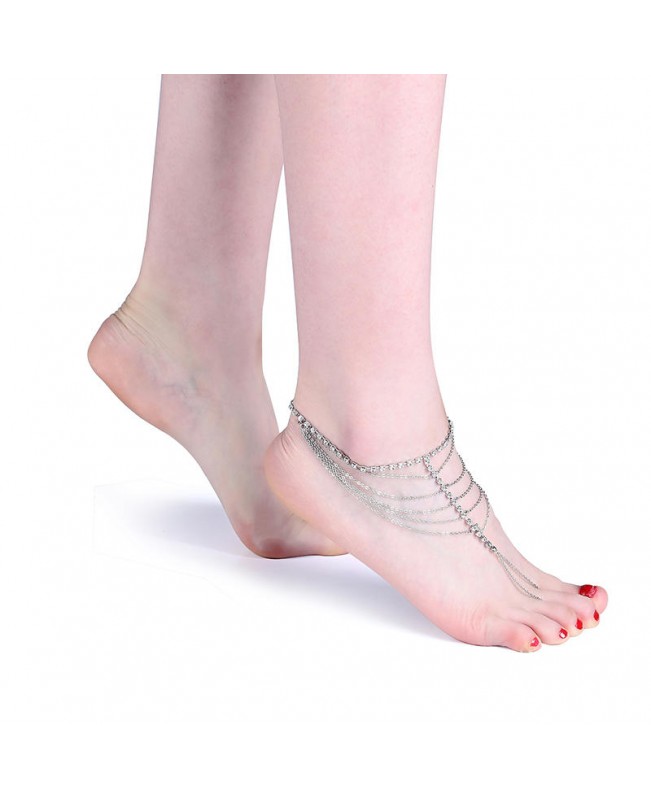 Women's Simple Silver Plated Anklet Barefoot Tassel Rhinestone Anklet