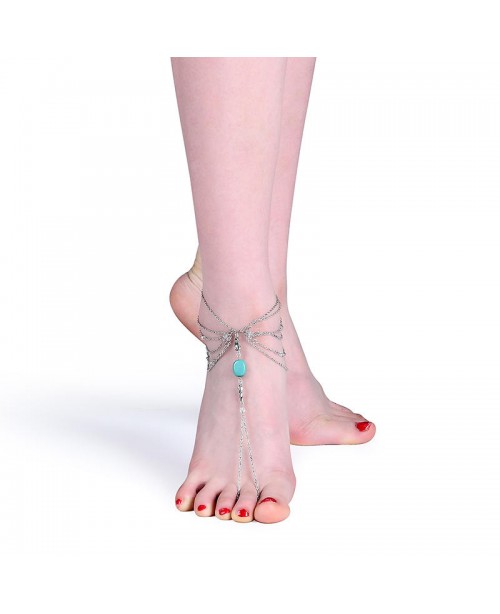 Retro Silver Anklet Turquoise Multilayer Vintage B...