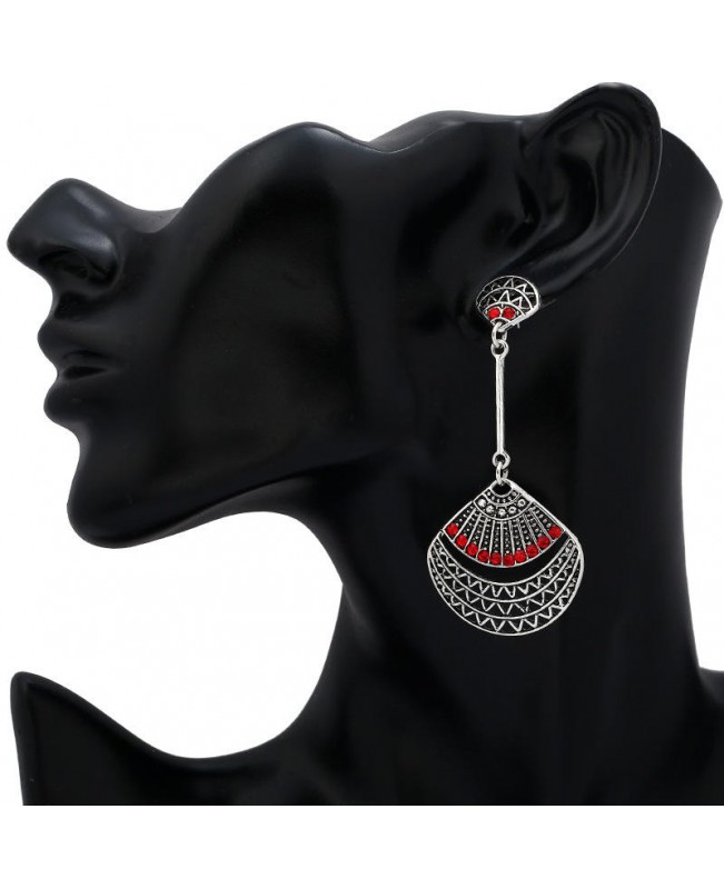 Retro Red Rhinestone Antique Silver Sector Ear Drop Vintage Earrings for Women