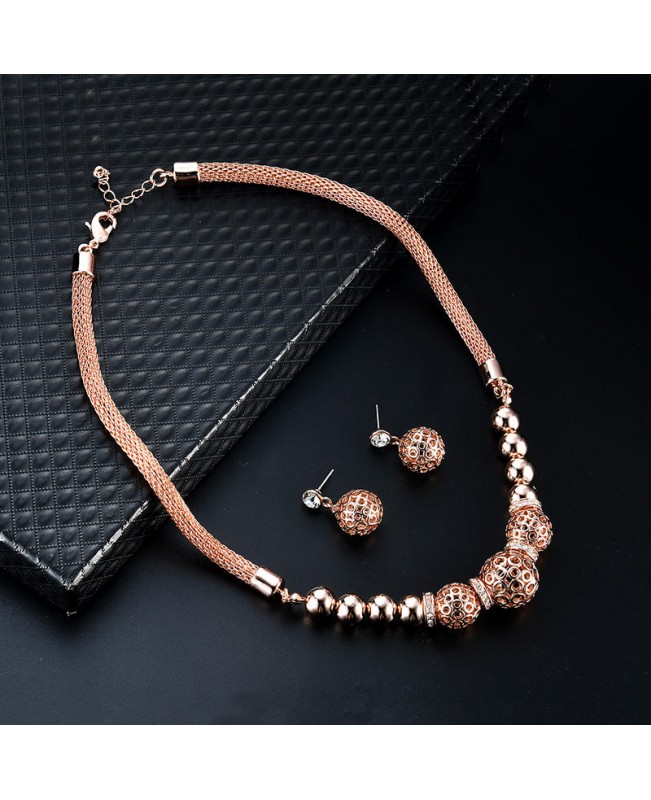 Trendy Women's Rose Gold Bead Pendant Jewelry Set Necklace Rhinestone Earrings