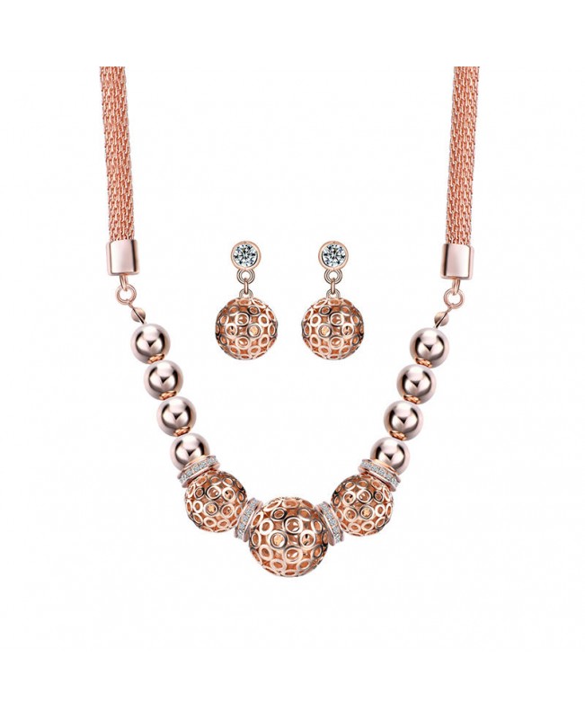 Trendy Women's Rose Gold Bead Pendant Jewelry Set Necklace Rhinestone Earrings
