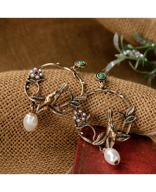 Trendy Vivid Pearl Earrings with Bird on The Tree ...