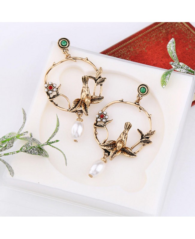 Trendy Vivid Pearl Earrings with Bird on The Tree Irregular Hoop Gold Earring for Women