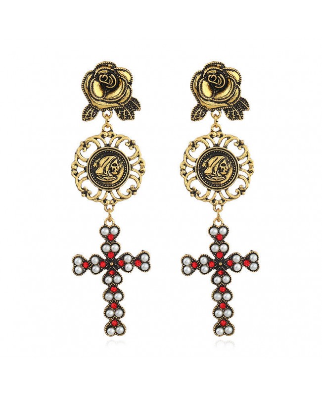 Bohemian Gold Plated Rose Flower Cross Gold Earring Drop Long Dangle Earrings for Women