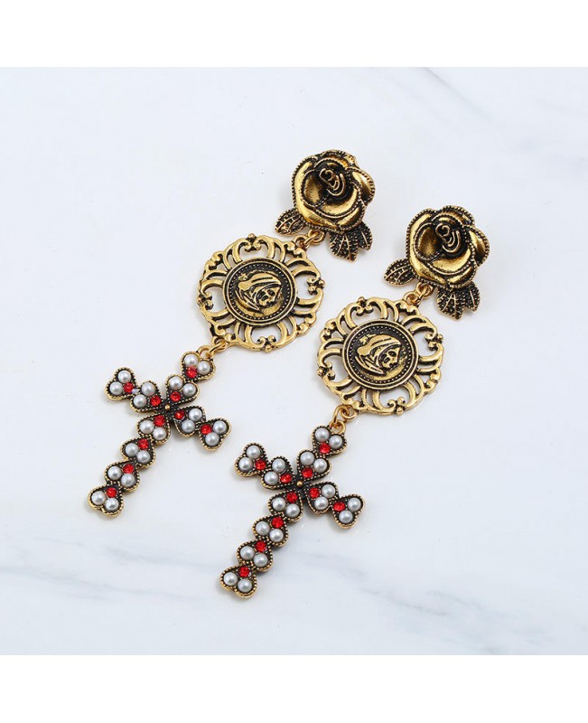 Bohemian Gold Plated Rose Flower Cross Gold Earring Drop Long Dangle Earrings for Women