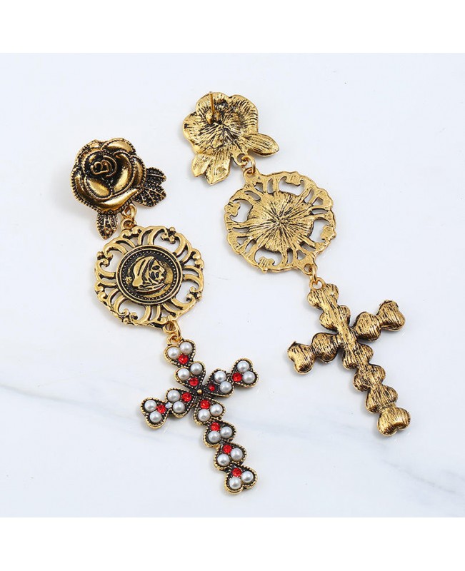 Bohemian Gold Plated Rose Flower Cross Gold Earring Drop Long Dangle Earrings for Women