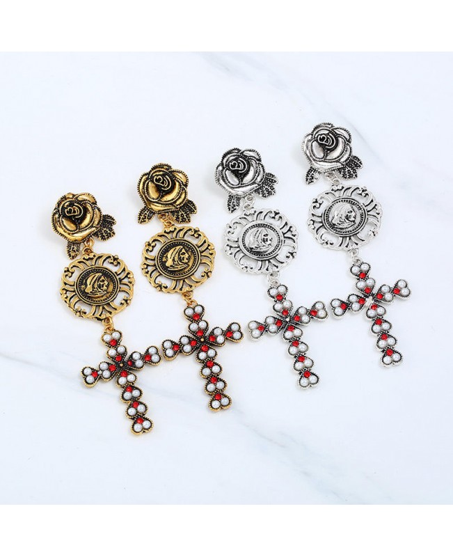 Bohemian Gold Plated Rose Flower Cross Gold Earring Drop Long Dangle Earrings for Women