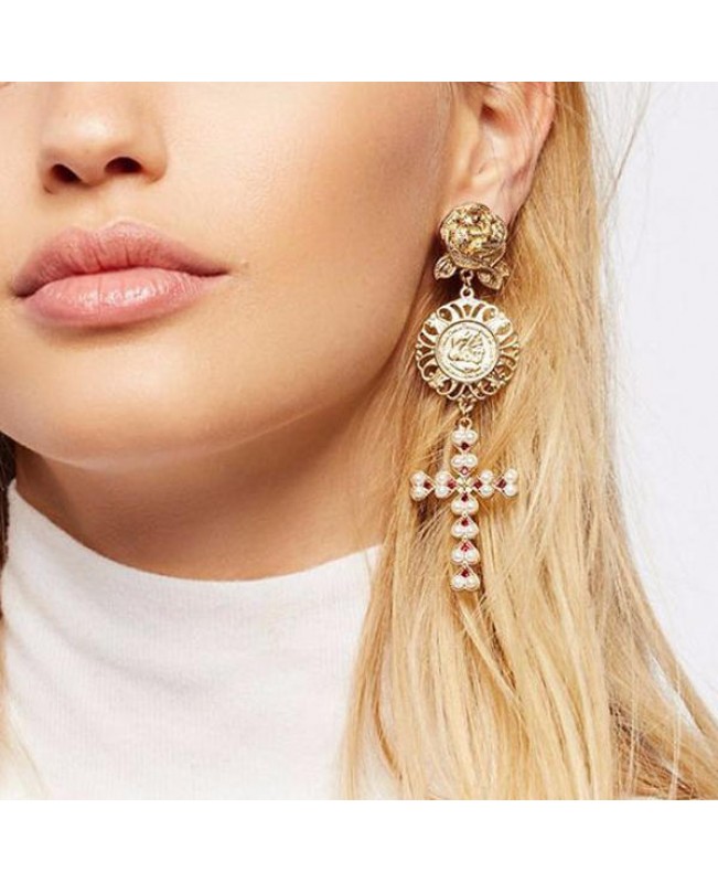 Bohemian Gold Plated Rose Flower Cross Gold Earring Drop Long Dangle Earrings for Women