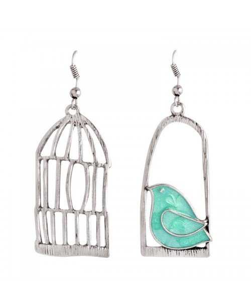 Silver Drop Earrings Blue Grey Bird Birdcage Penda...