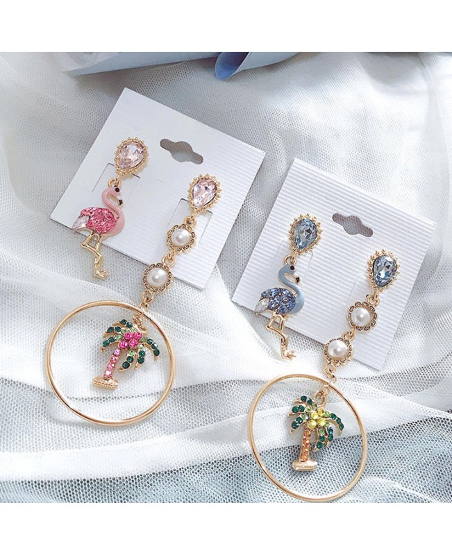 Cute Flamingo Coconut Tree Dangle Earring Asymmetry Pearls Crystal Diamonds Earrings for Women