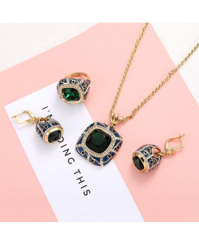 Luxury Emerald Crystal Cocktail Ring Vintage Necklaces Drop Earrings Bridal Jewelry Set for Women