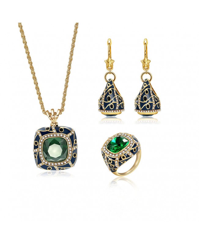 Luxury Emerald Crystal Cocktail Ring Vintage Necklaces Drop Earrings Bridal Jewelry Set for Women