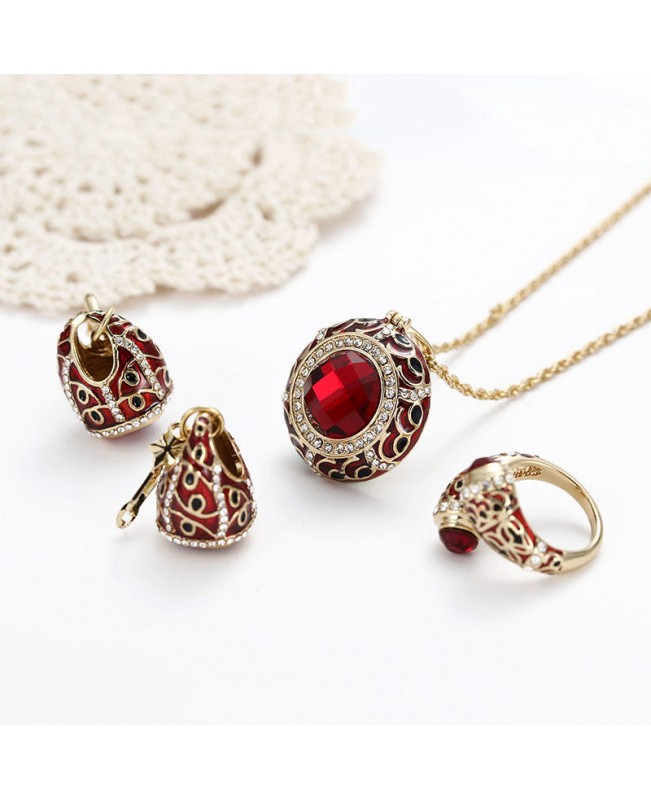 Luxury Red Crystal Statement Ring Charm Necklaces Star Drop Earrings Bridal Jewelry Set for Women