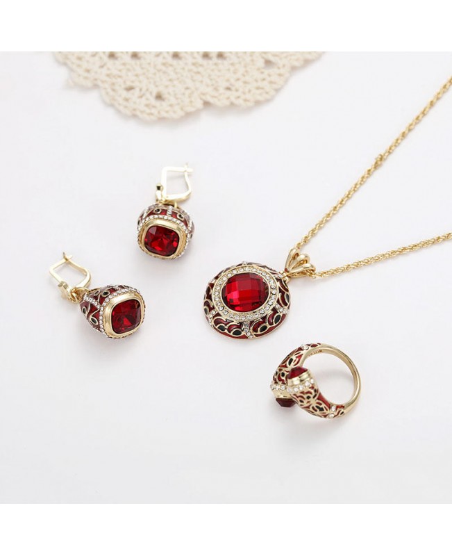 Luxury Red Crystal Statement Ring Charm Necklaces Star Drop Earrings Bridal Jewelry Set for Women